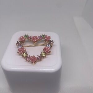 Vintage Avon Signed Pink Rose Rhinestone Heart Wreath Brooch